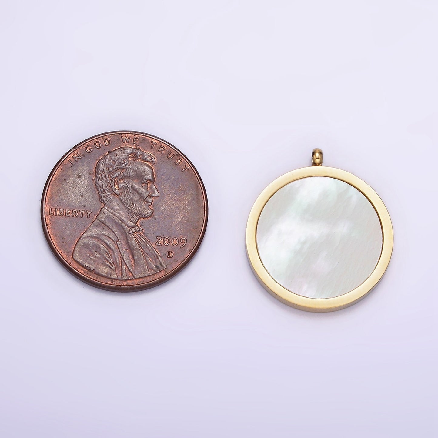 Gold Stainless Steel White Shell Pearl Round Coin Disc Charm Geometric Jewelry Inspired Wedding Dangle Charm | P-1245
