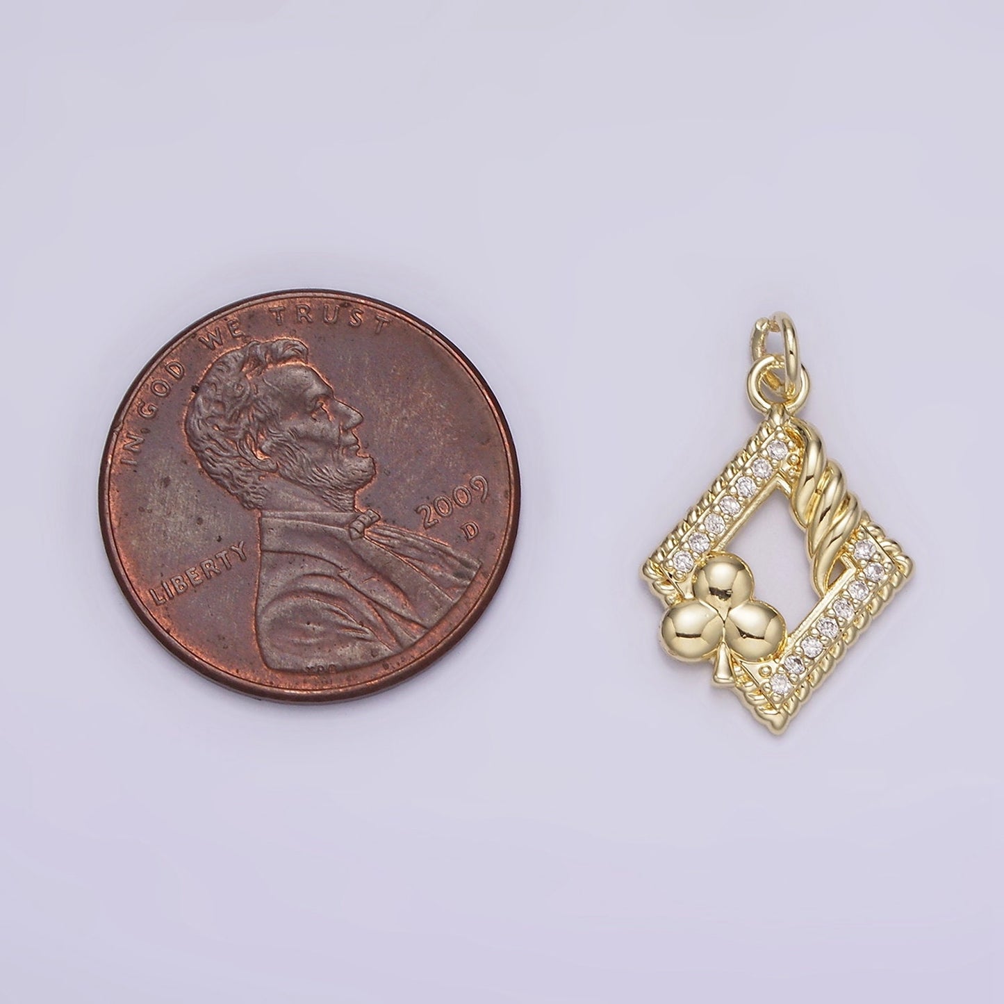 14K Gold Filled Open Frame Rhombus Clover Micro Paved Twisted Clubs Card Charm | AG258