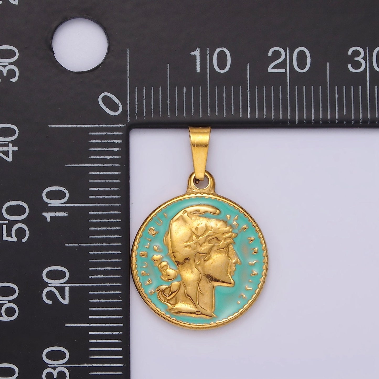 Gold Republic of Roman Coin Charm Pendant Stainless Steel Teal Enamel Pendant P835
