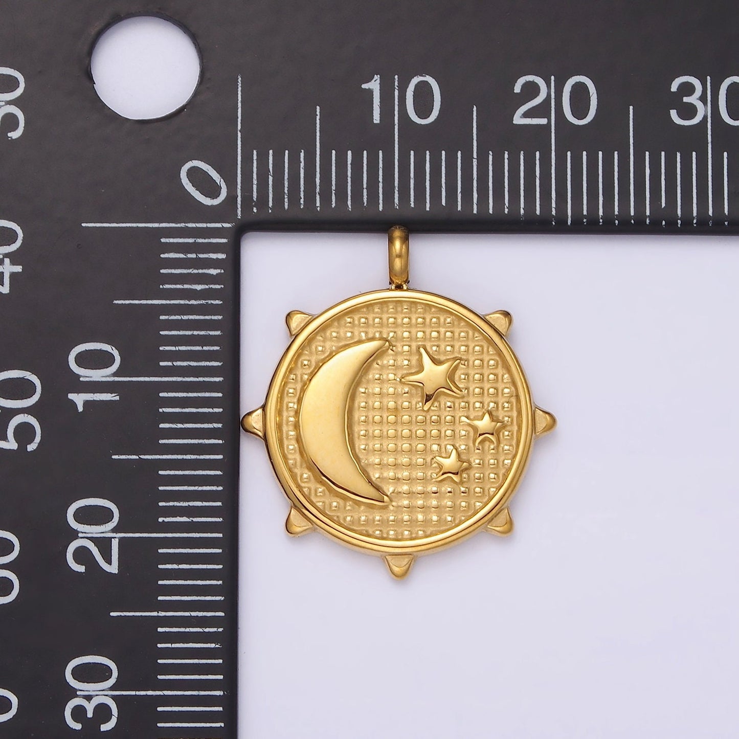 Stainless Steel Celestial Crescent Moon Triple Sun Beaded Sun Charm | P658
