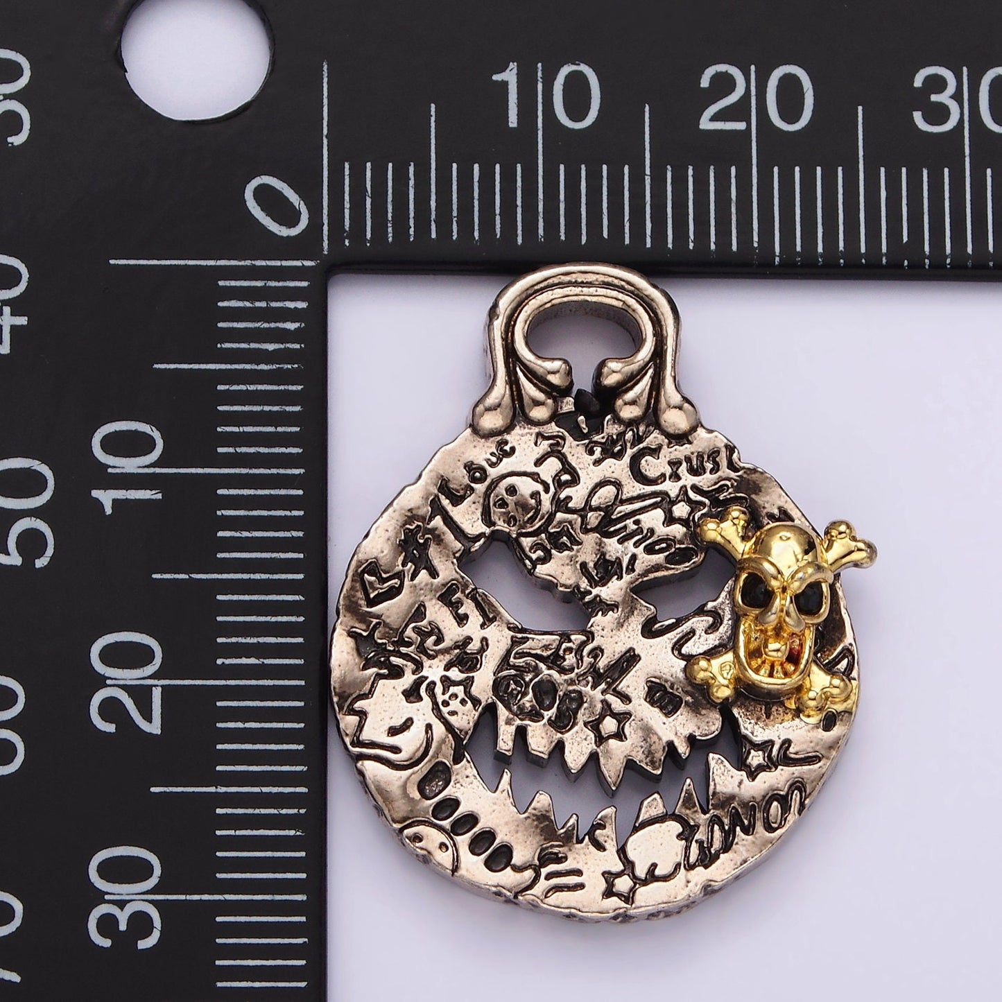 Stainless Steel Black CZ Skull Charm Skeleton Angry Face Graffiti Double Sided Scary Pumpkin Halloween Inspired Pendant | P-862