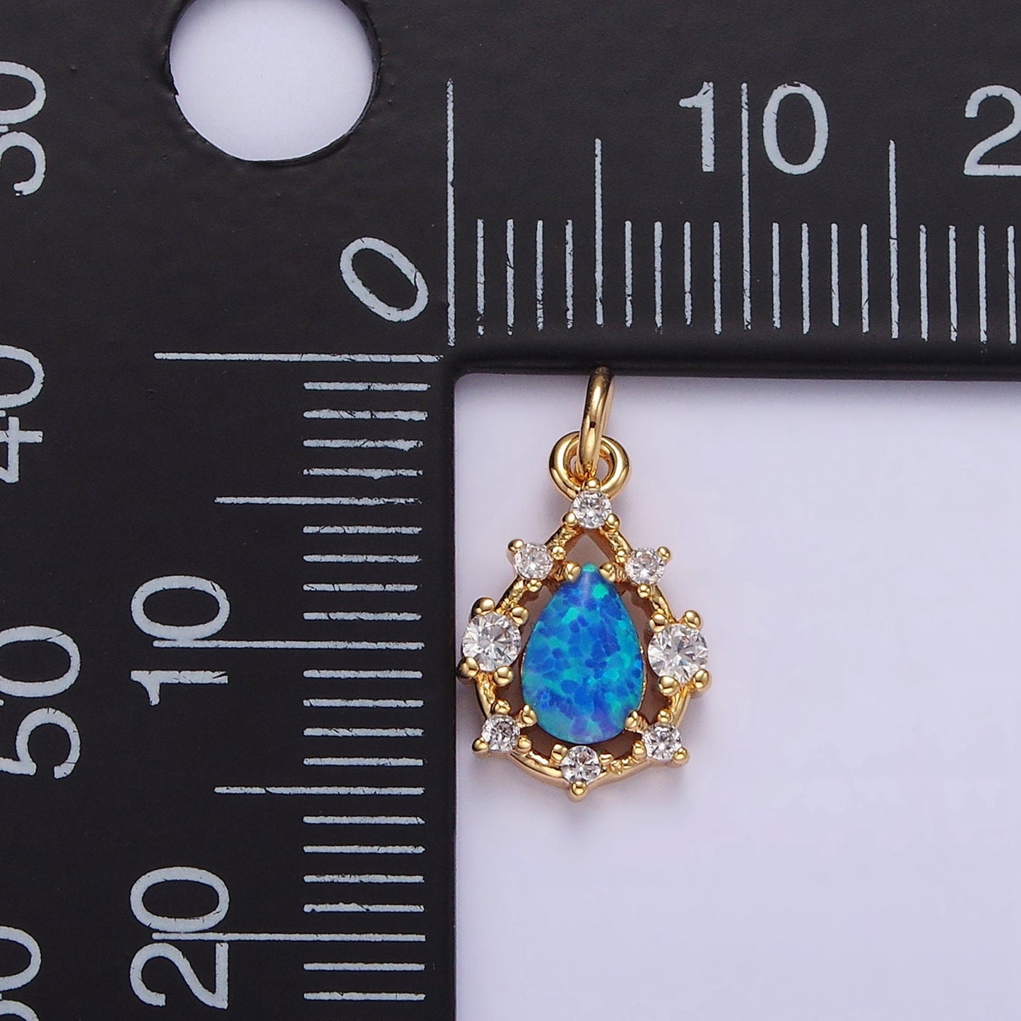 14K Gold Filled White, Blue Opal Teardrop CZ Dotted Outline Charm | AC817 AC818