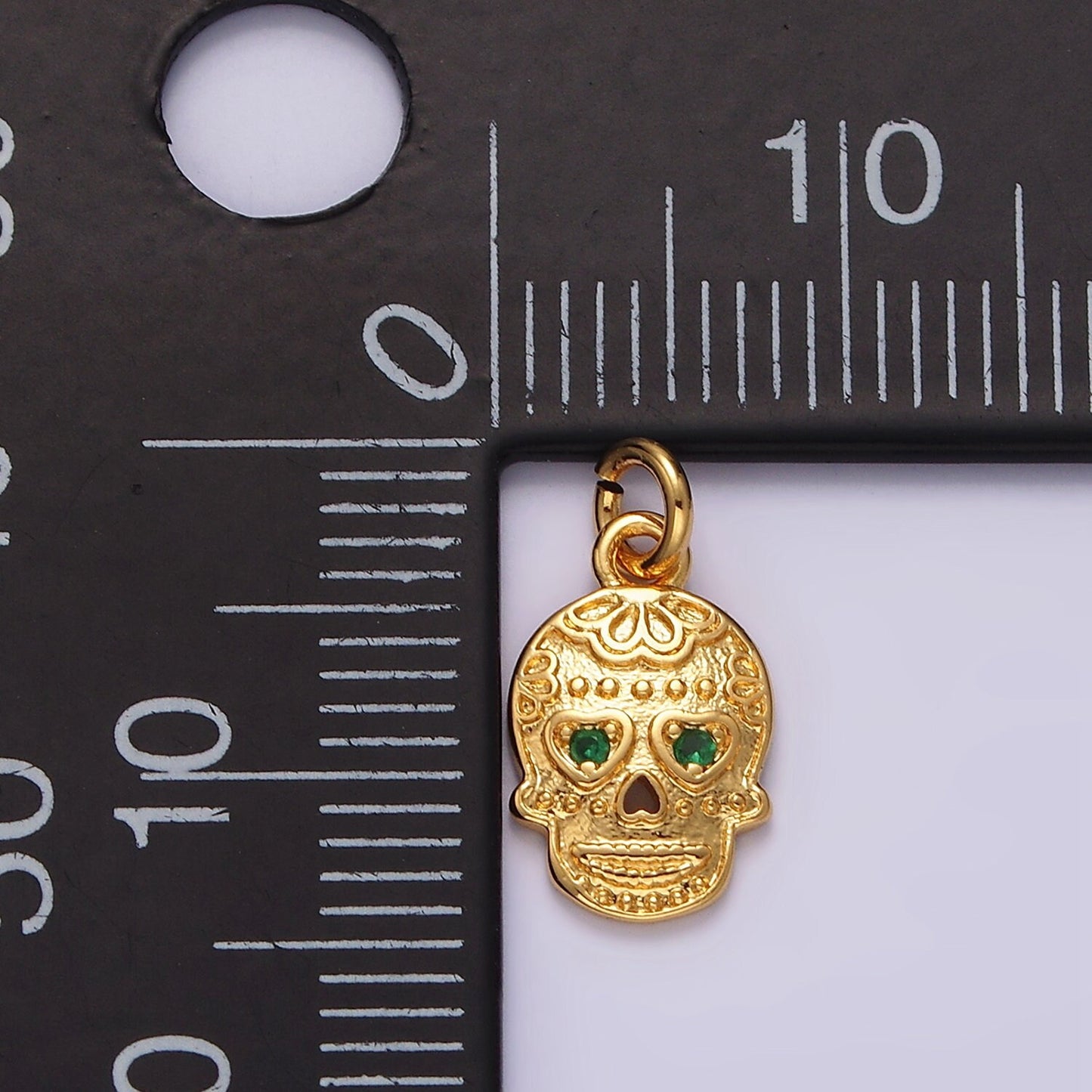16K Gold Filled Green CZ Heart-Eyed Calavera Skeleton Skull Charm | AC851