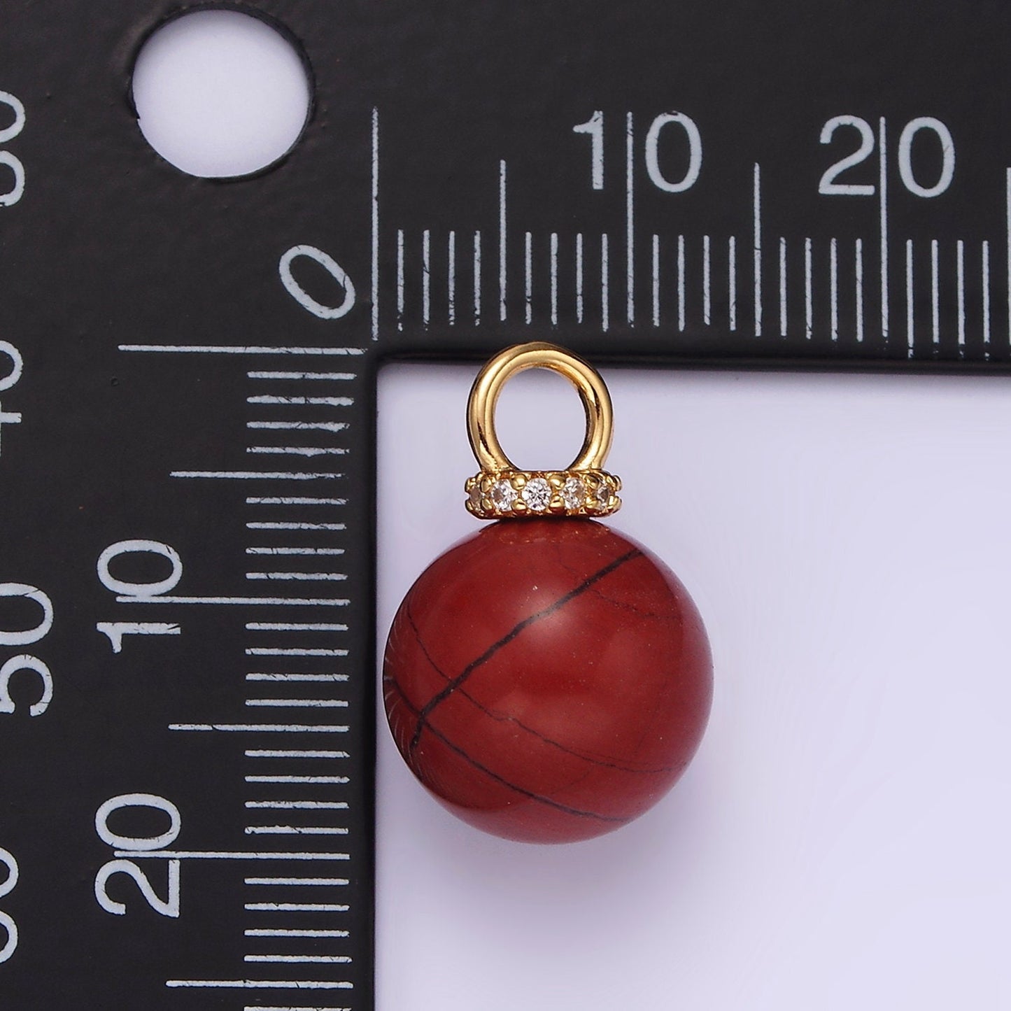 14K Gold Filled 12.5mm Red Jasper Round Sphere Ball Gemstone Micro Paved CZ Pendant | AG449