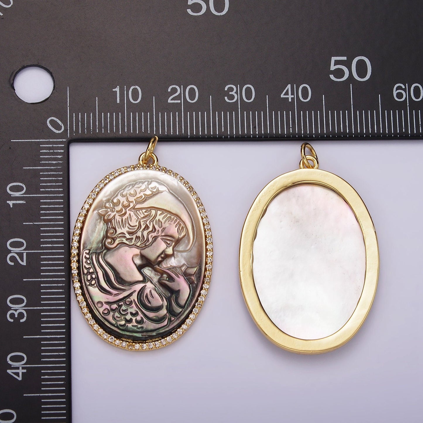 14K Gold Filled Face Portrait Cameo Natural Abalone Pearl Oval Micro Paved CZ Charm | AG518