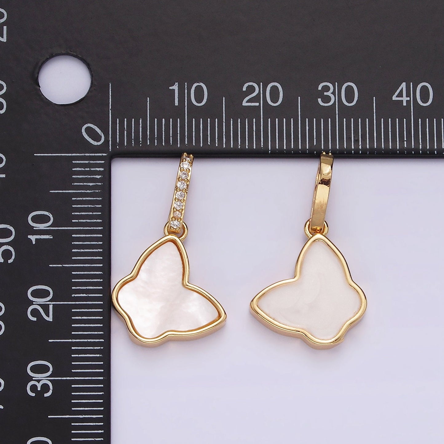 Dainty Gold Pearl Butterfly Pendant, 24K Gold Filled Monarch Charm Shell Pearl Mariposa Butterfly Charm with CZ Bail | AH-054