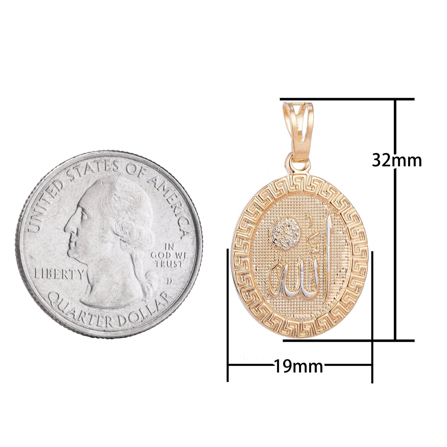 18K Gold Filled Arabic Word Allah Moslem Islam Calligraphy Arabian Coin Charm Decorative Edge Necklace PENDANT Bails H-621