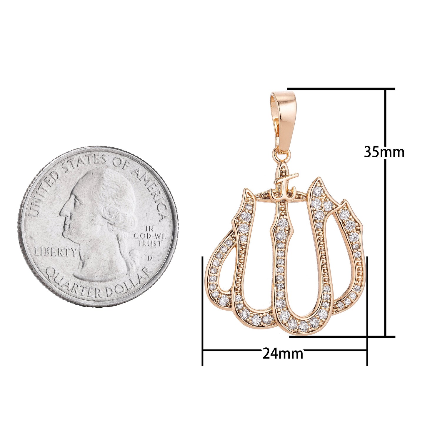18k Gold Filled Dainty Islamic Word, Allah, Moslem God Cubic Zirconia Necklace Pendant Bead Bails Findings for Jewelry Making H-578