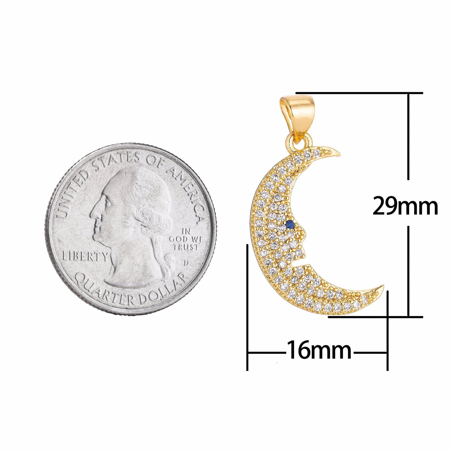 18K Gold Filled Crescent Moon Face Charm Crystal Cubic Zirconia for Necklace Pendant Earring Bail Dangle Findings for Jewelry Making H-297