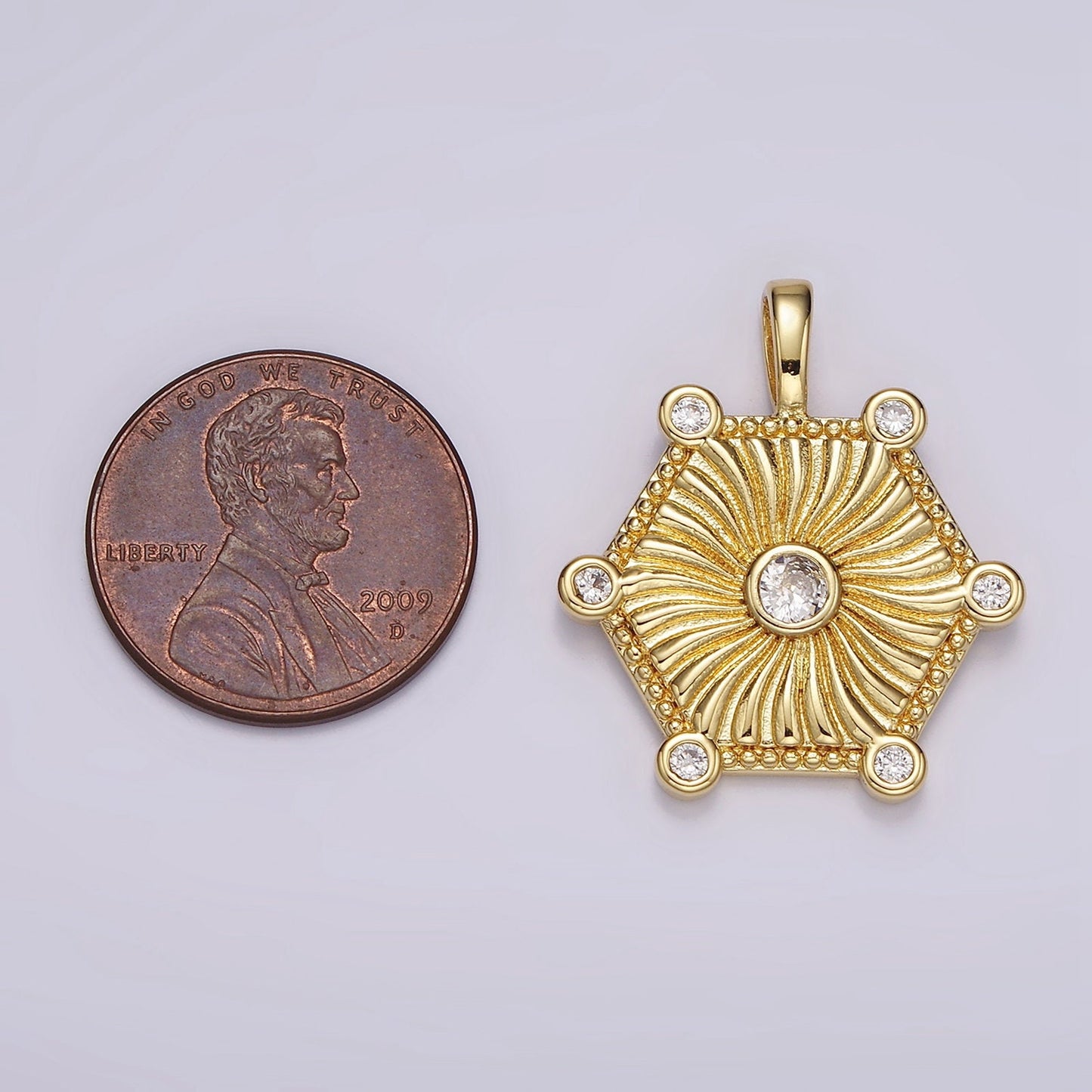 Gold CZ Medallion Geometric Hexagon Pendant, 14K Gold Filled Clear Micro Paved CZ Hexagonal Sunray Charm | AH087