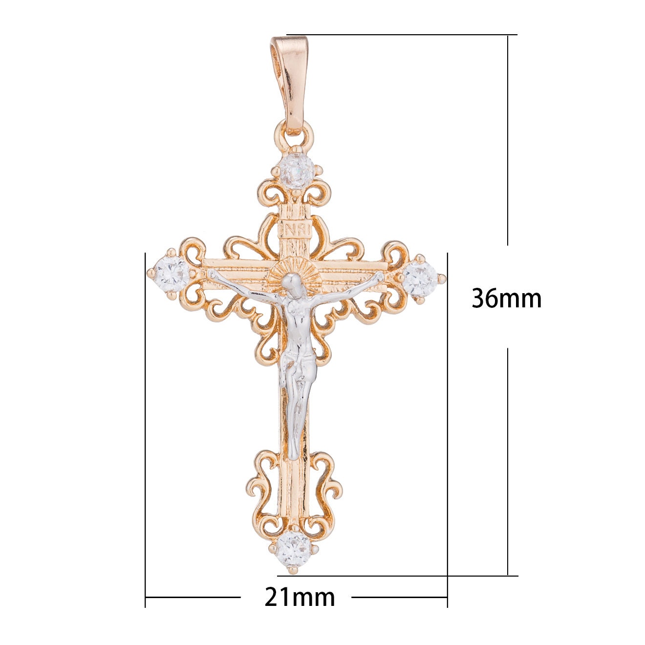 18k Gold Fill Cross Crucifix Pendant Ornate Cross Pendant two tone color for Necklace rosary making H-443