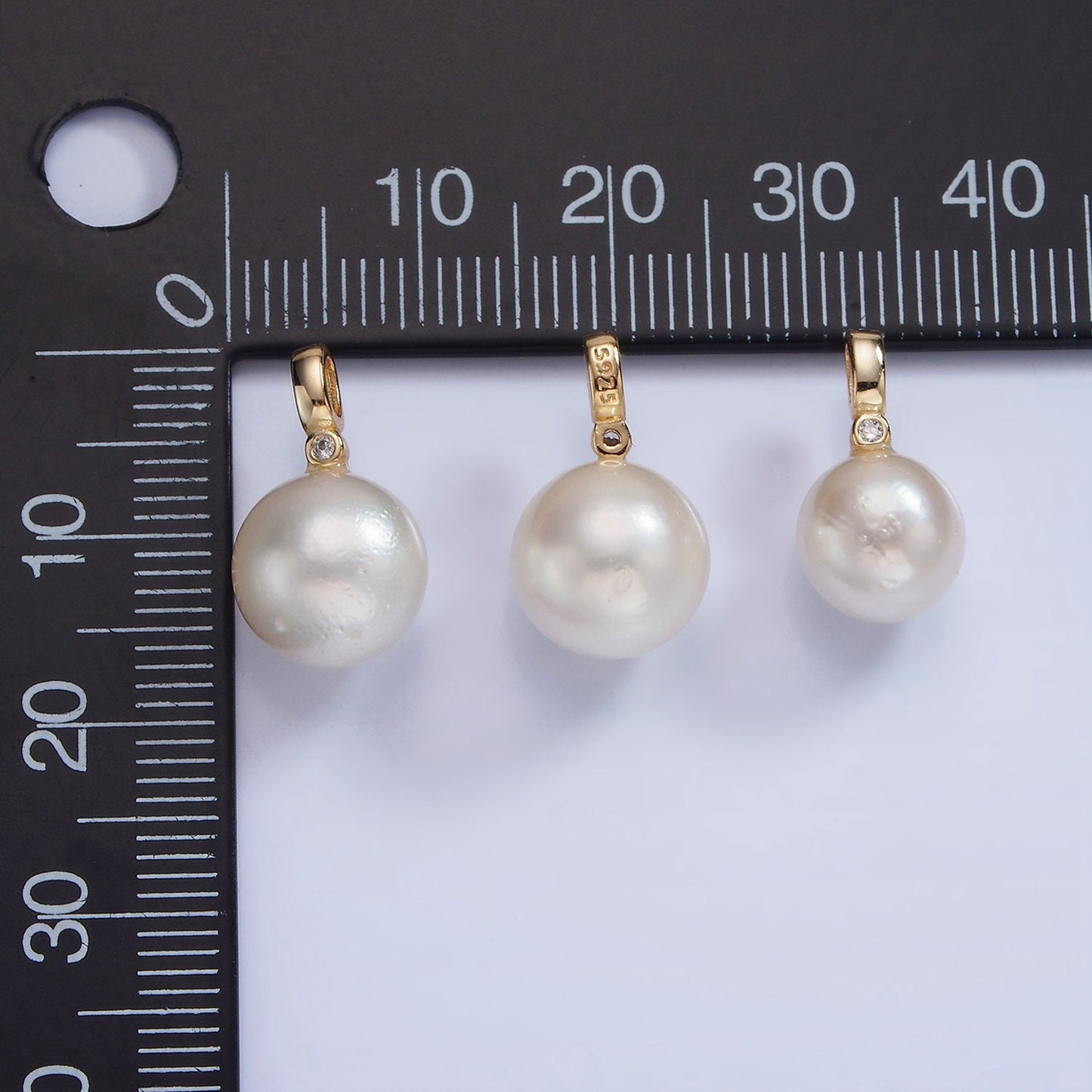 14K Gold Filled 8mm, 10mm White Round Pearl CZ Bail Pendant | P-1684