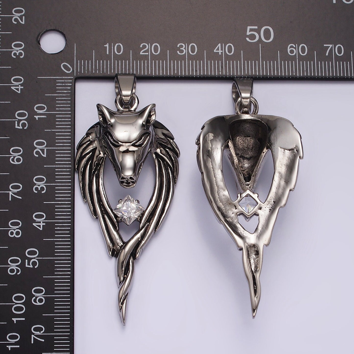 Stainless Steel Wolf Head Wings Open Clear CZ Rhombus Pendant | P873