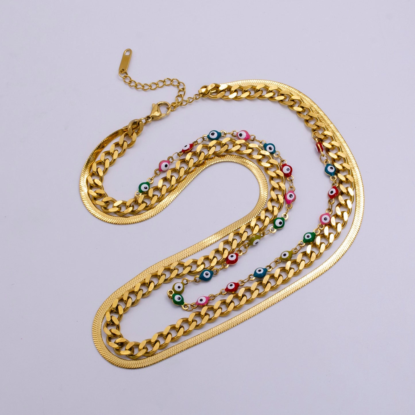 Stainless Steel Evil Eye Curb Herringbone Chain Triple Layer Necklace | WA-2343