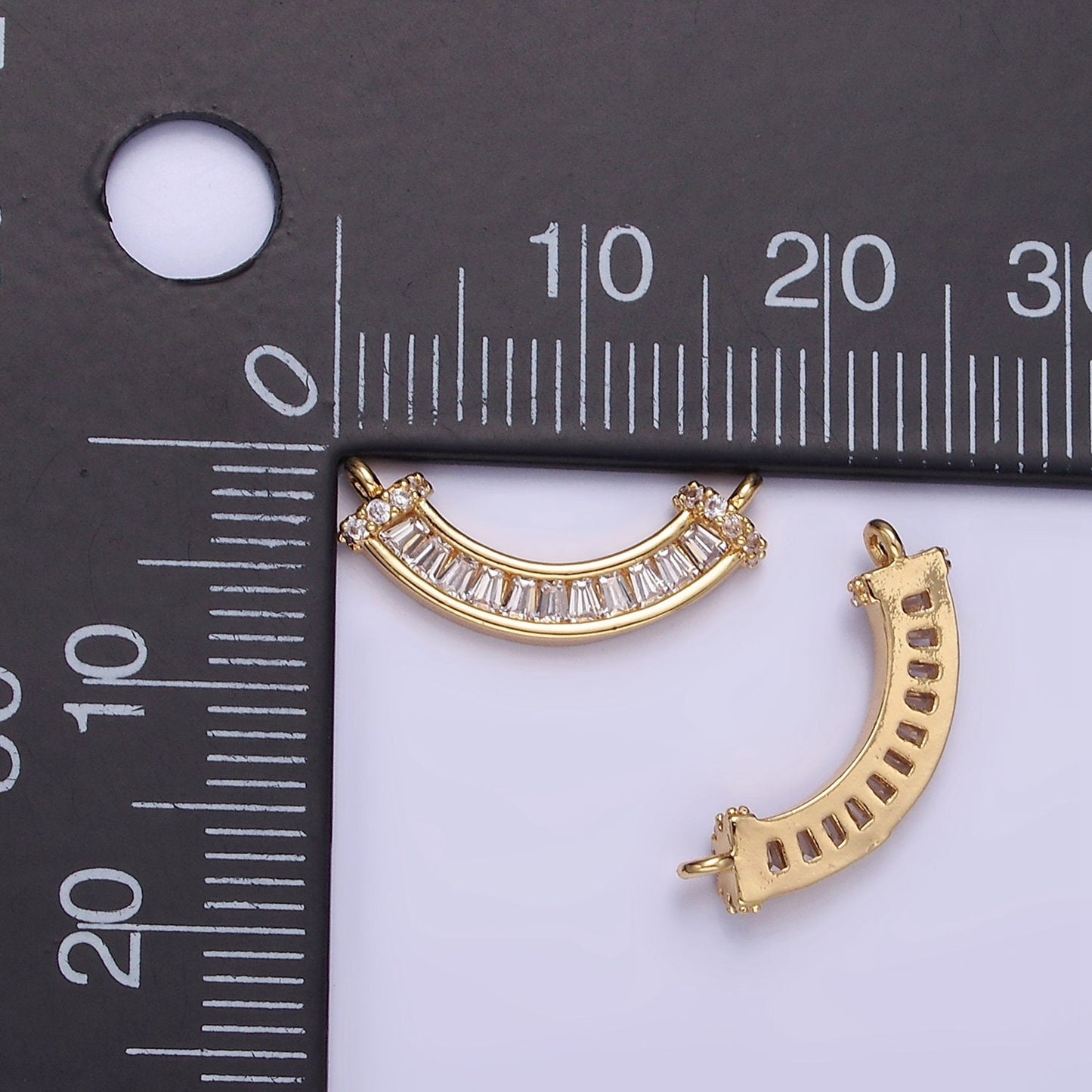 14K Gold Filled Clear CZ Baguette Micro Paved Curved Connector | G-280