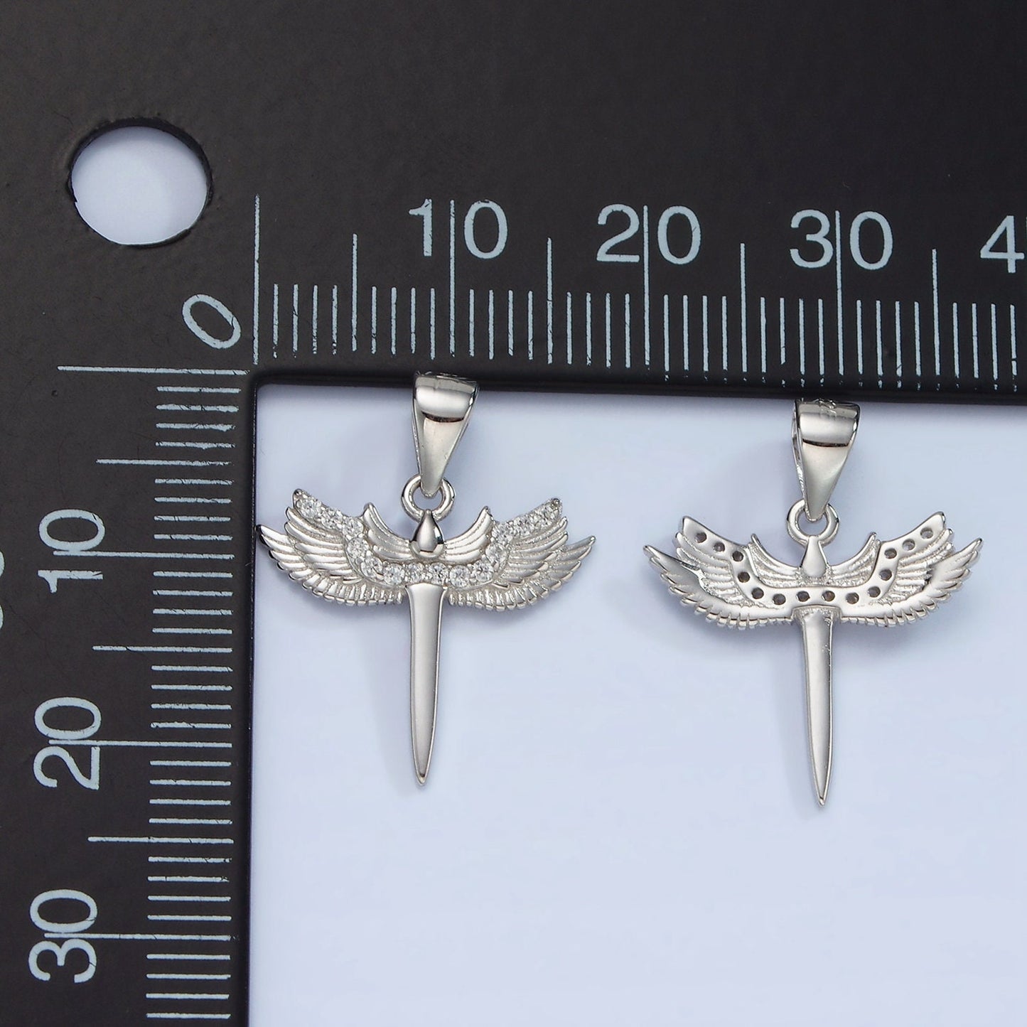 S925 Sterling Silver Micro Paved CZ Feather Wings Sword Pendant | SL-461