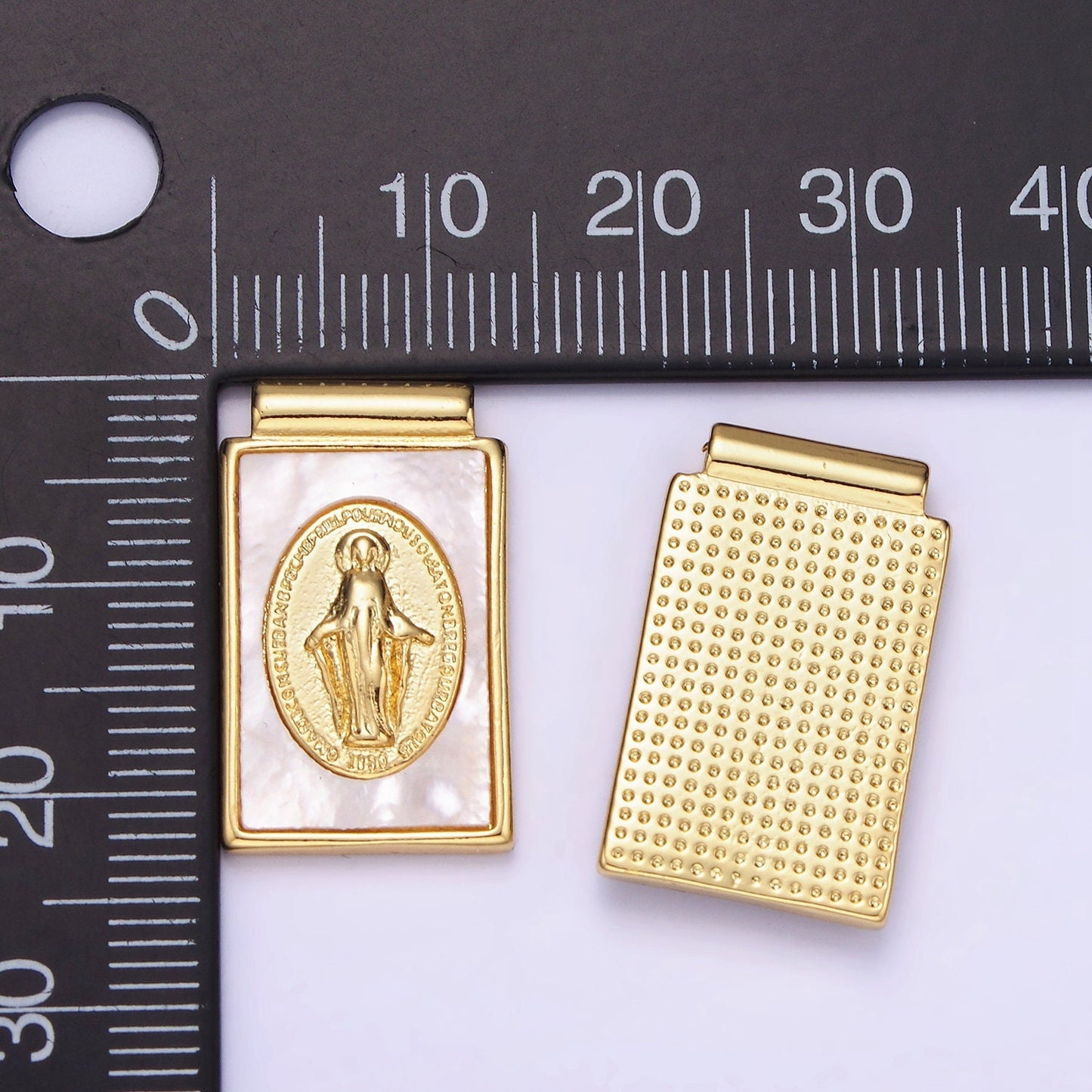 Dainty 14K Gold Filled Miraculous Lady Charm Dangle Virgin Mary Tag Rectangle Pearl Pendant | AH-158