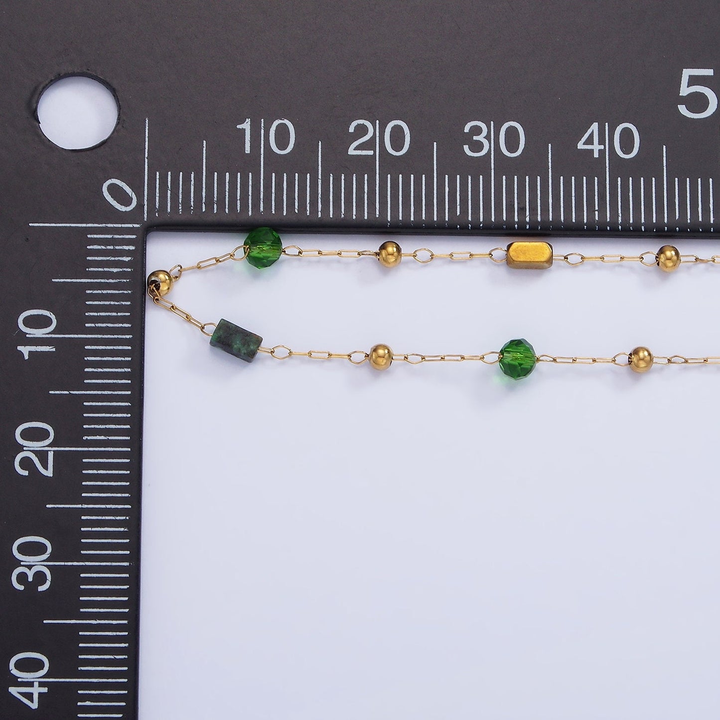 Stainless Steel Green CZ Aventurine Tube Satellite Unfinished Chain by Yard Beaded Chain for St Patrick Jewelry Making | Roll-1493