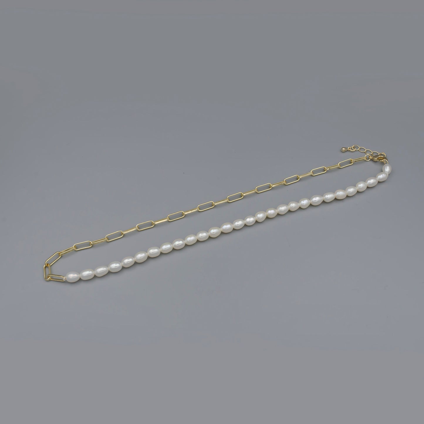 Pearl Choker Necklace, Oval Link Chain Necklace, Pearl Necklace, 16 inch Necklace Mix Metal Beaded Gold Chain, WA024