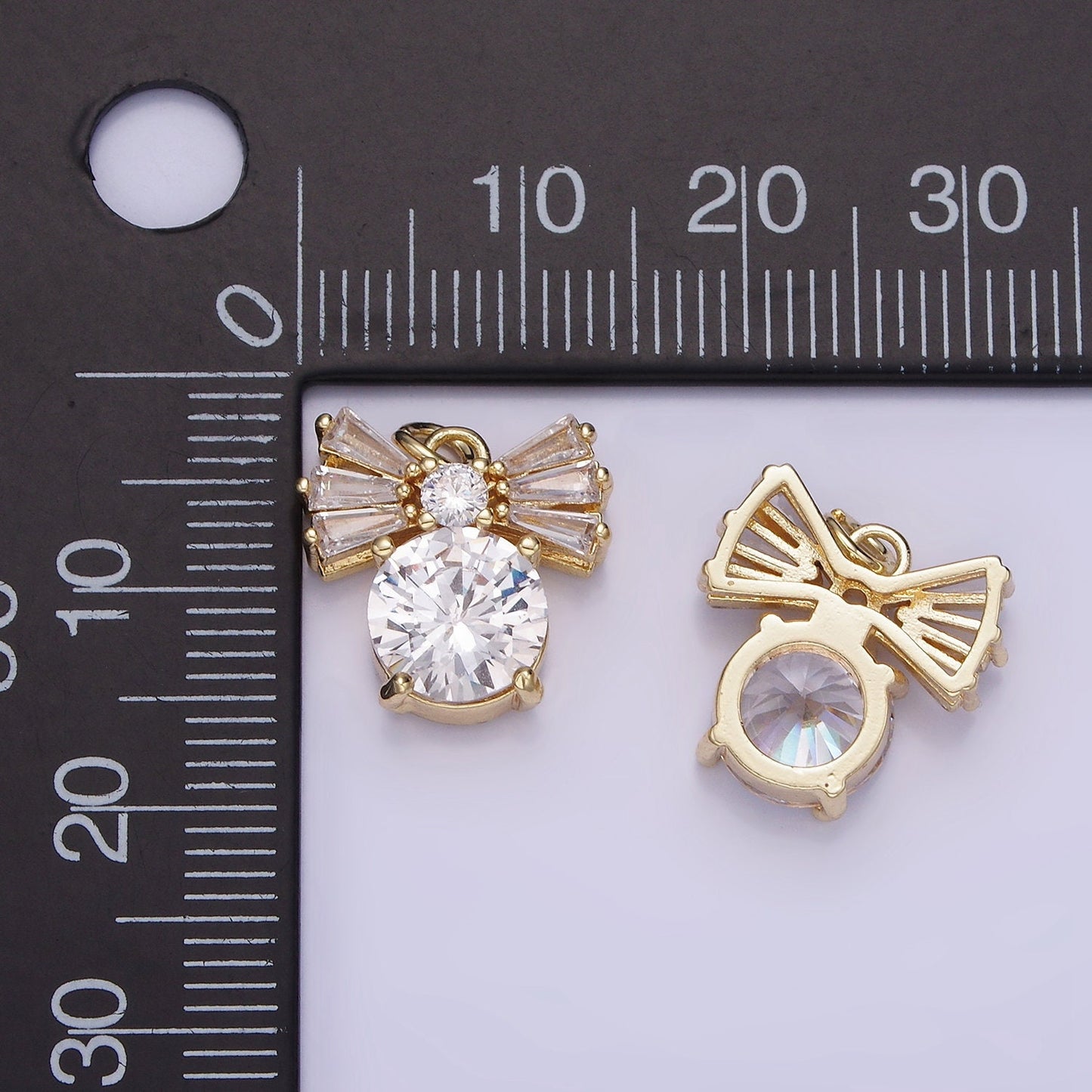 1Mini 4K Gold Filled Clear Solitaire CZ Round Baguette Ribbon Bow Charm | AG729