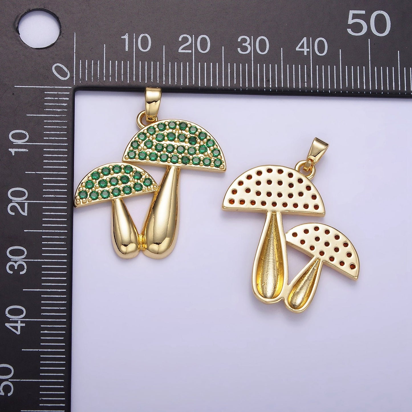 14K Gold Filled Green, Orange Micro Paved CZ Mushroom Plant Nature Pendant | AH-152