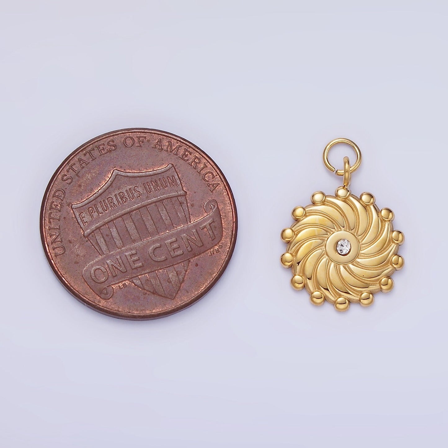 Stainless Steel 17mm Medallion Sun Ray Sunburst Celestial Mini Gold Charm with Clear CZ Stone | P-963