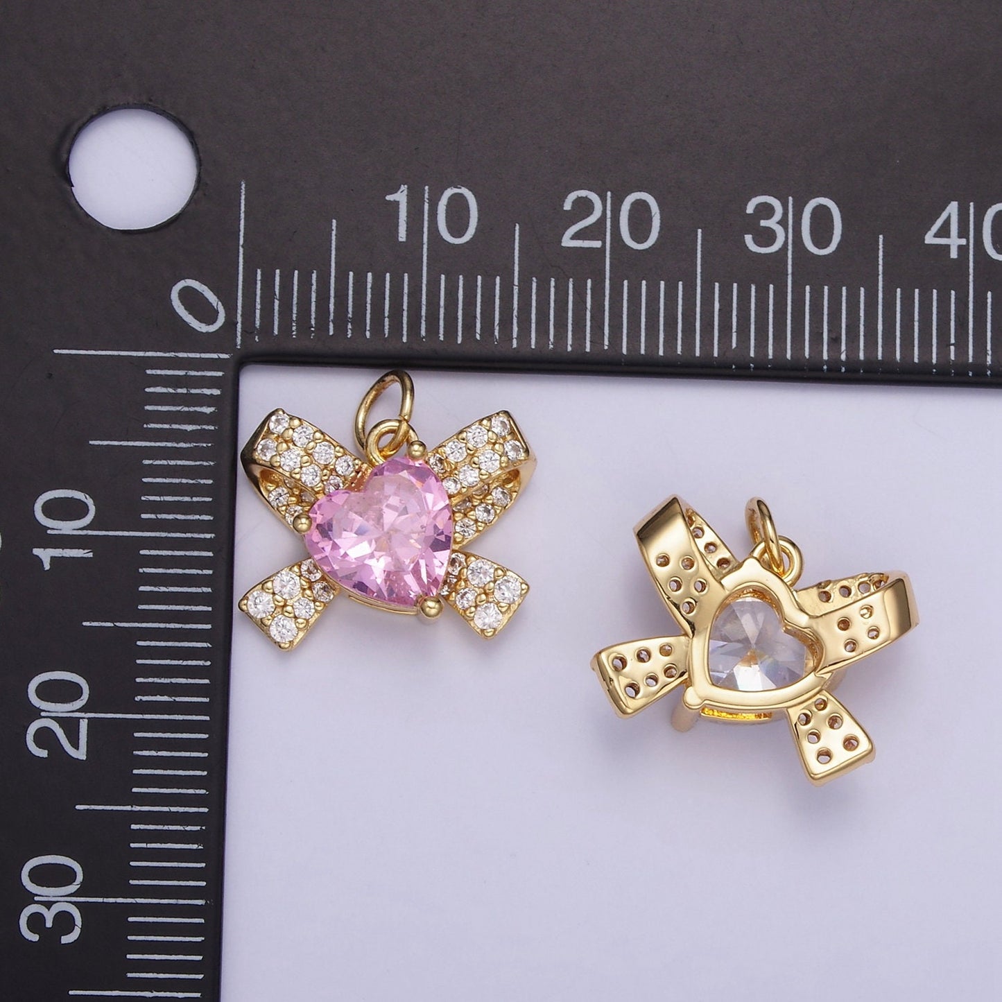 24K Gold Filled Pink, Clear CZ Micro Paved Ribbon Charm | D285