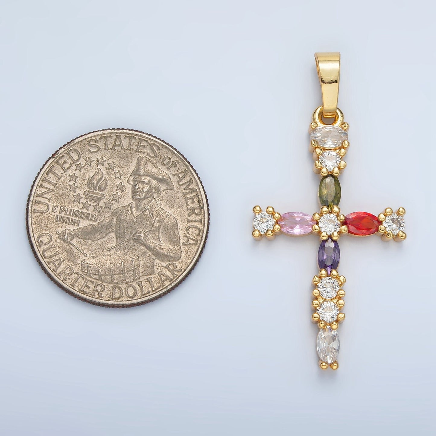 Gold Multicolor CZ 35mm Religious Cross Pendant | I-252