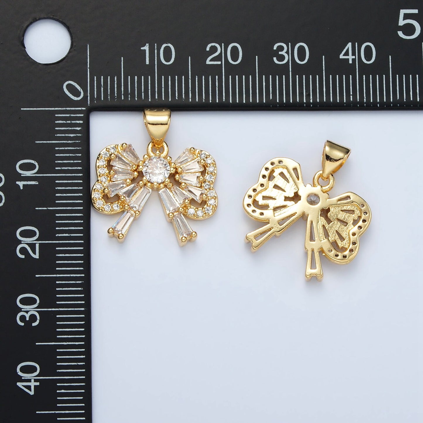 24K Gold Filled Clear CZ Baguette Bow Charm Dainty Ribbon Pendant for Bracelet Necklace Supply | I-274