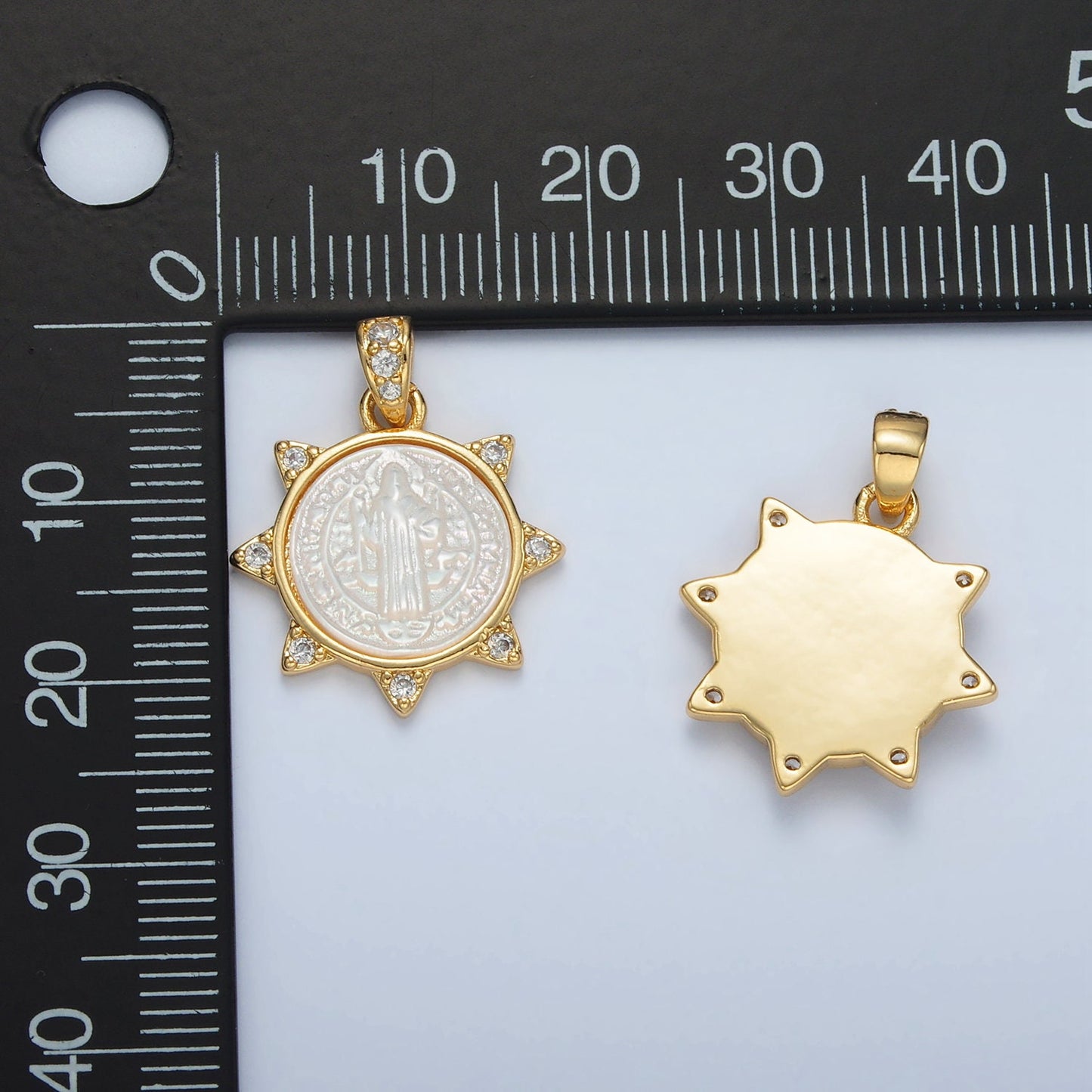 Gold Filled, Shell Pearl Saint Benedict Sun w/ CZ Charm | AA-1373