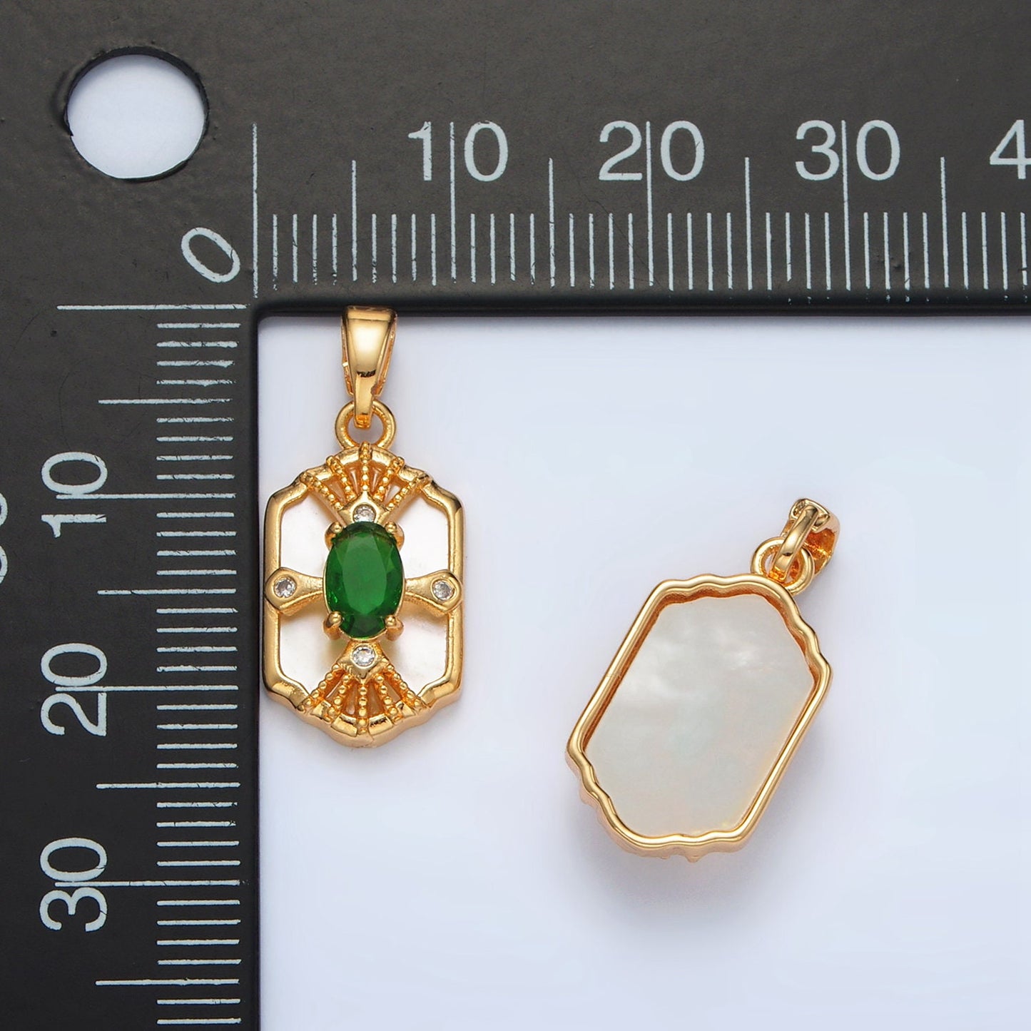 Gold Filled Geometric Bezel Shell Pearl w/ Green CZ Pendant | AA-1516