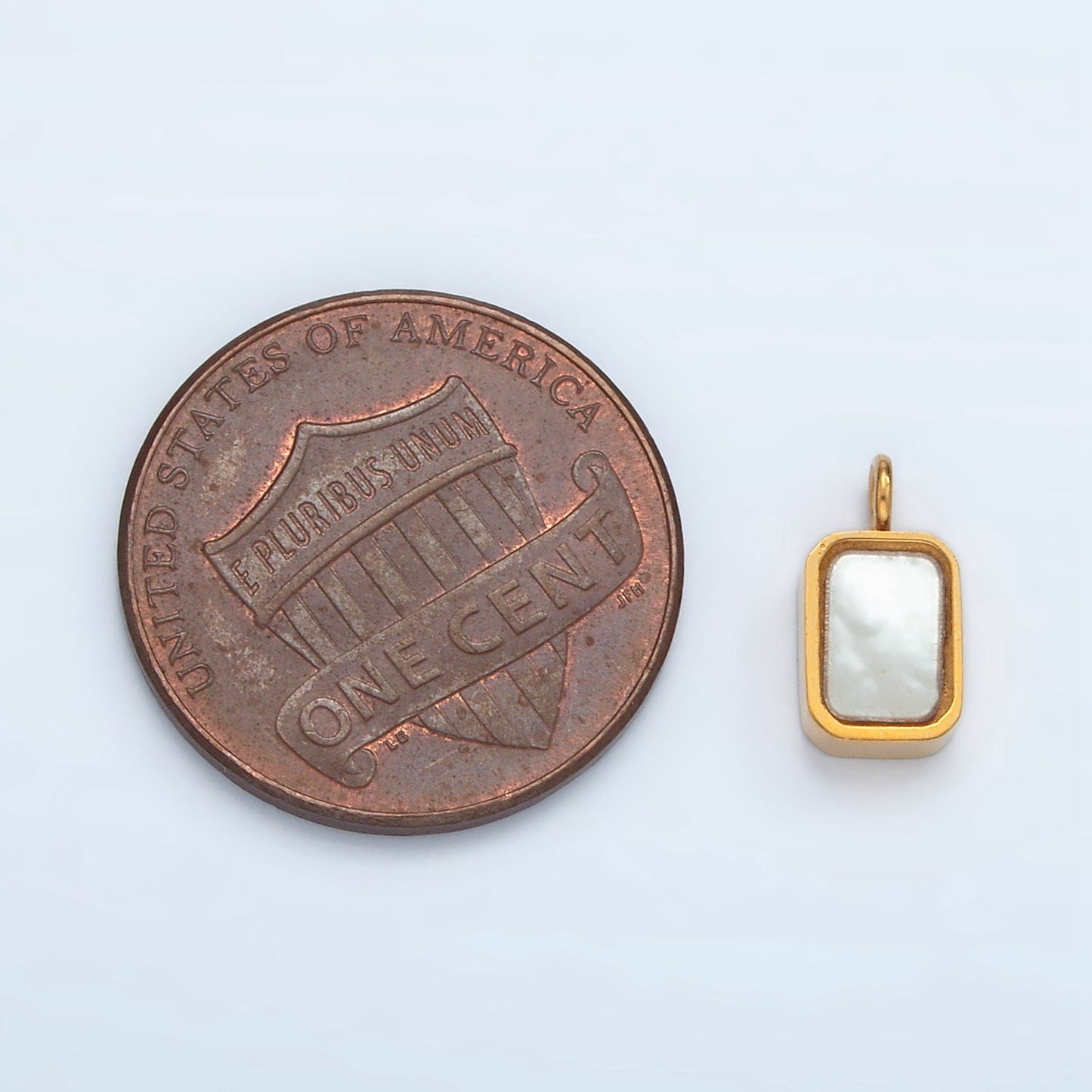Stainless Steel Shell Pearl Tag Rectangular Charm in Gold | P588