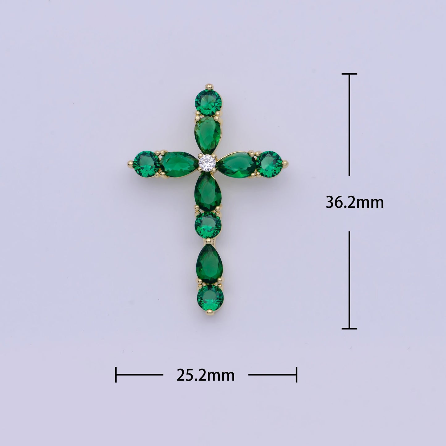 Sapphire Blue & Emerald Green CZ Cross Pendant, 24K Gold Plated Clear Micro Paved Diamond CZ Center Cut Cross Religious Charm | X-500, X-501