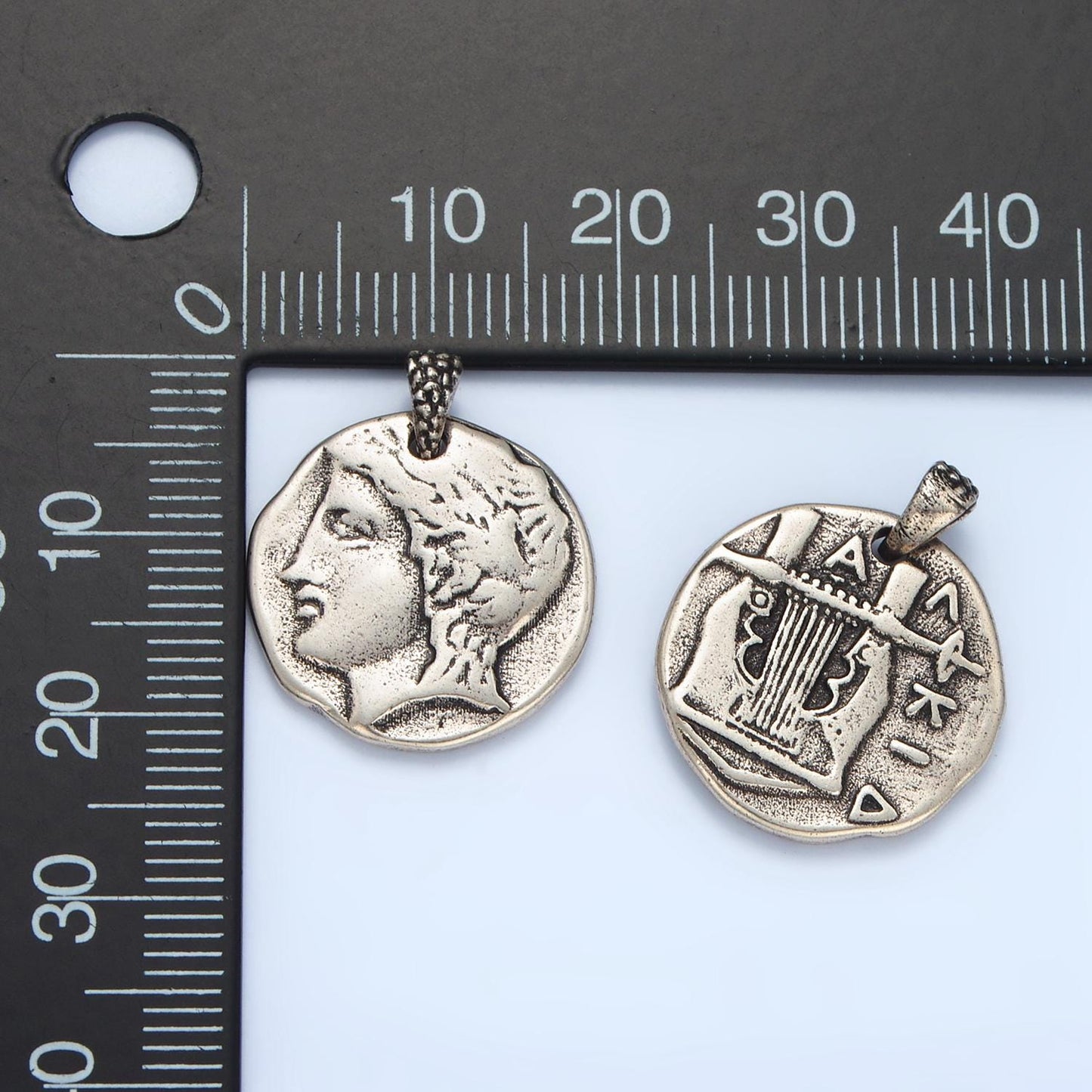 White Gold Male Greek Face / Musical Instrument, Double Sided Medallion | I-544