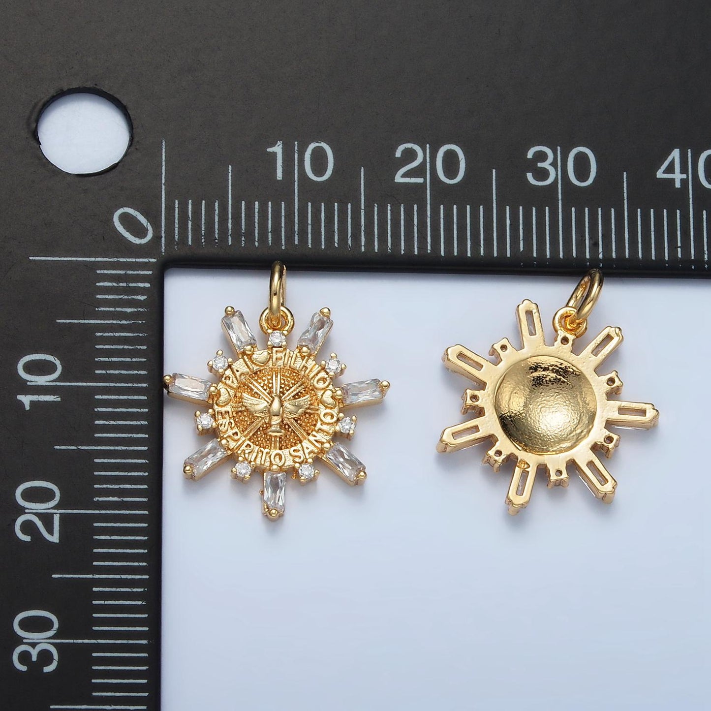 Pai, Filho, Espiritu Santo" Script Eagle Baguette Sun Gold Filled Charm | E-227