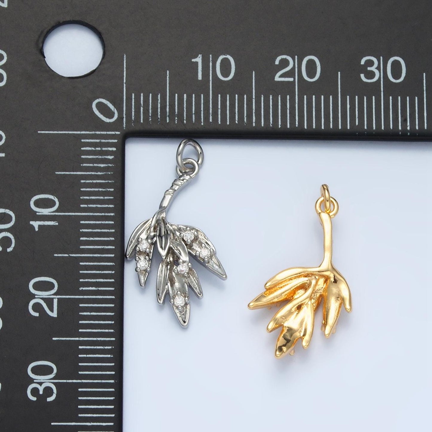 Olive Branch Leaf CZ Paved Nature 24K Gold Filled Charm Gold & Silver | E-381