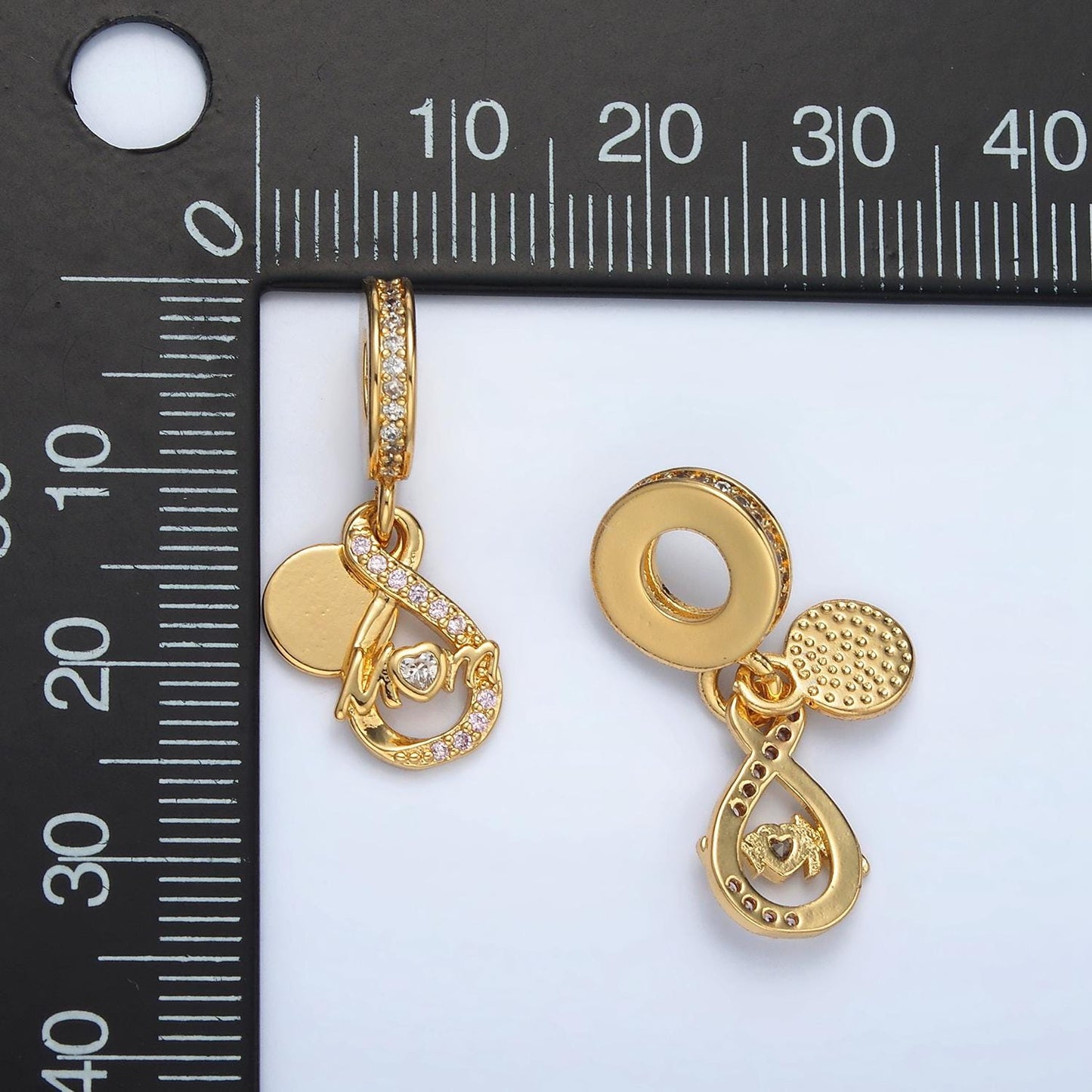 24k Gold Filled 'Mom' Infinity CZ Charm on CZ Paved Rondelle Bail Drop Pendant | AC-093