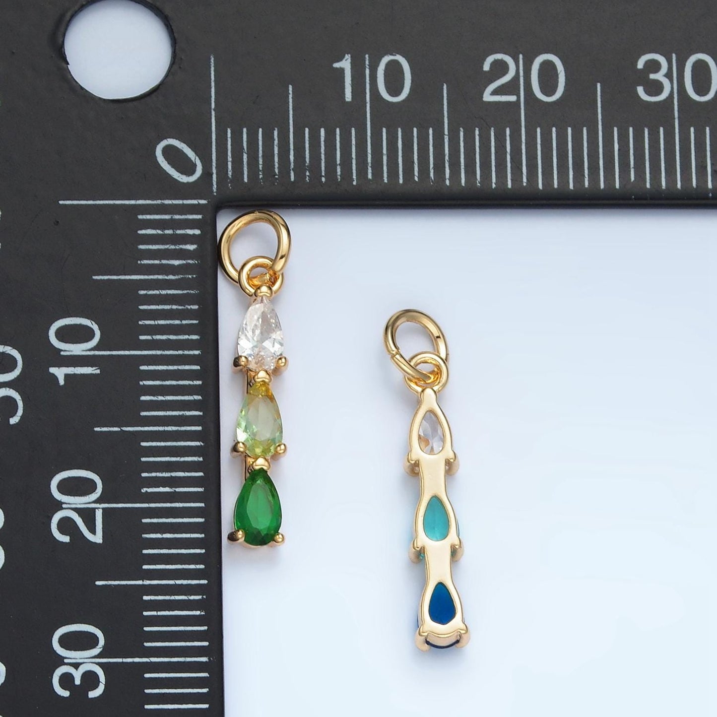 Green, Purple, Clear, Pink, Blue Triple CZ Teardrop Linear Gold Filled Charm | X573-X575