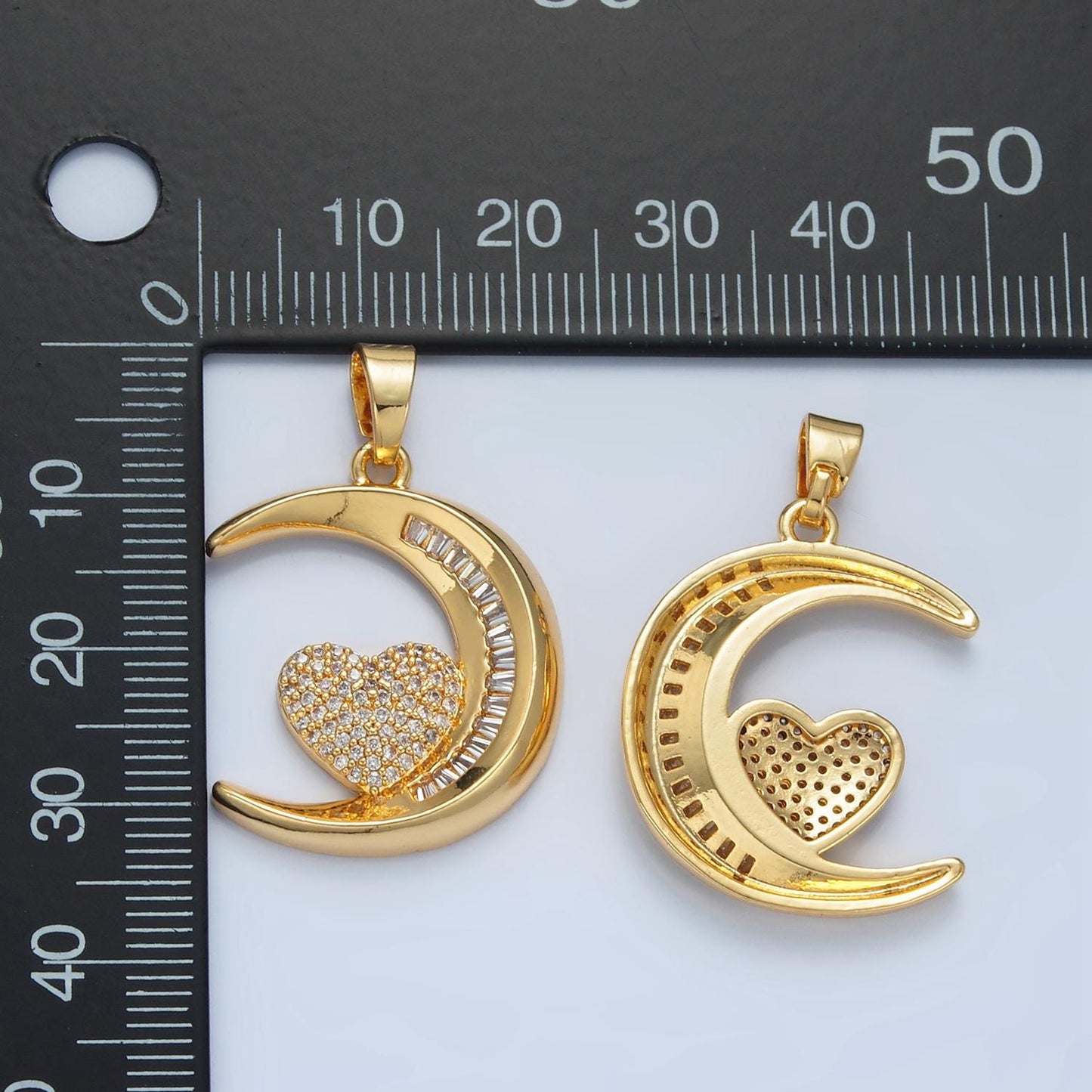 Baguette CZ Moon & Micro Paved CZ Heart, 24K Gold Filled Celestial Charm | AA-871