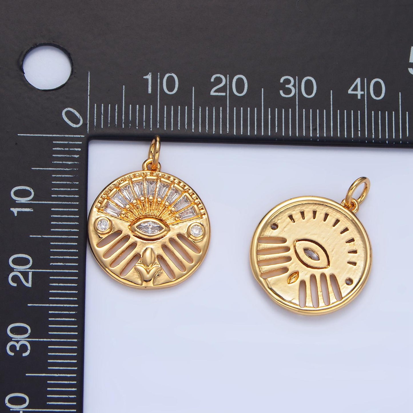 Clear CZ Textured Evil Eye 24k Gold Filled Round Circle Open Bar Charm | X-820