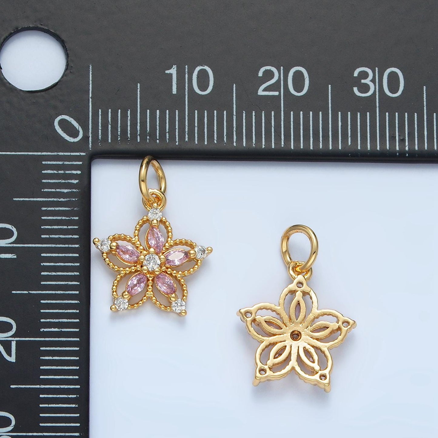 Open 5-Petal Flower Pink, Clear, Purple CZ Petals Gold Filled Floral Charm