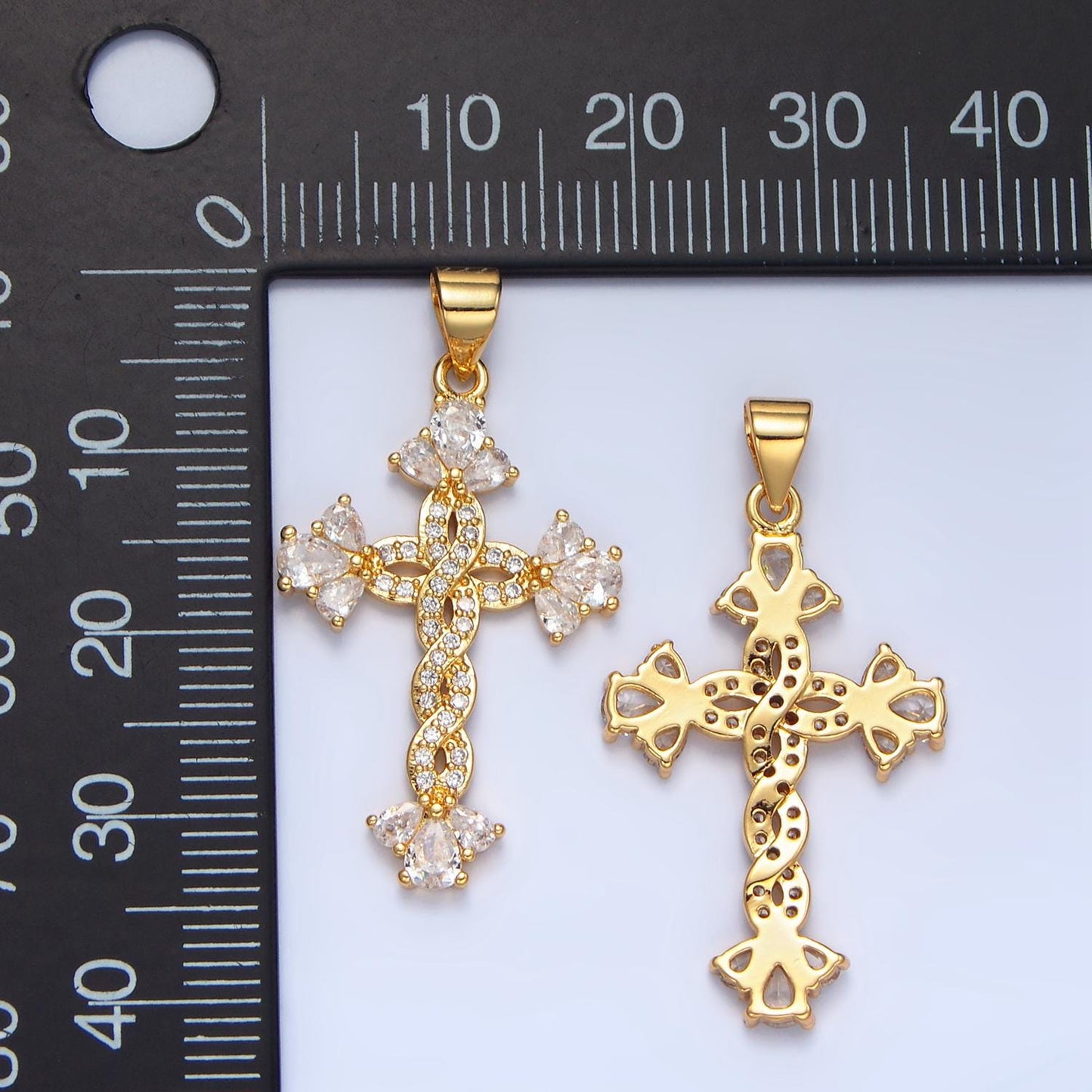 Braided CZ Gold Cross Pendant, 24K Gilled Marquise Braided Twist Micro Paved Clear CZ Cross Religious Charm AA966