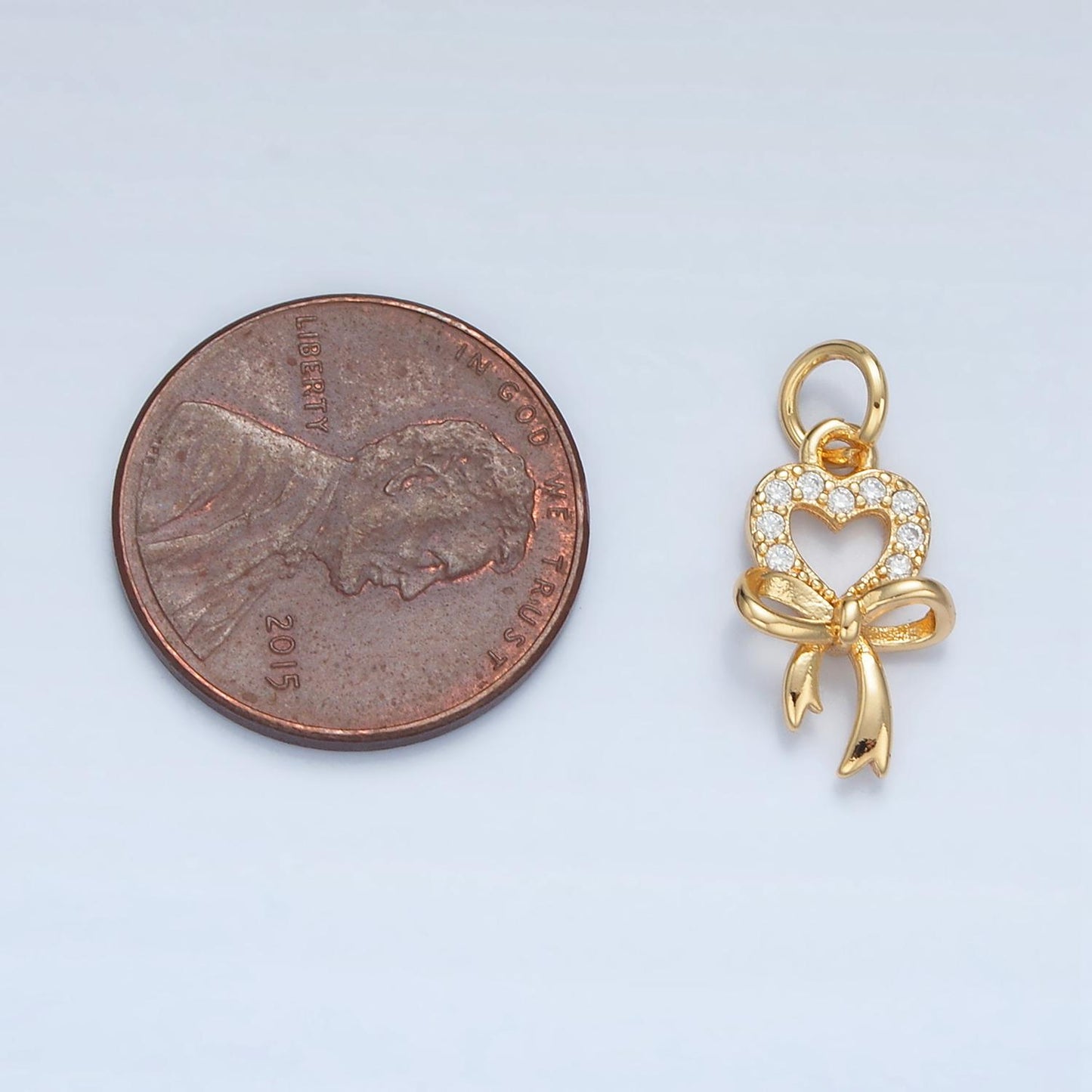 CZ Micro Paved Heart Ribbon Bow 24k Gold Filled Drop Charm E-906