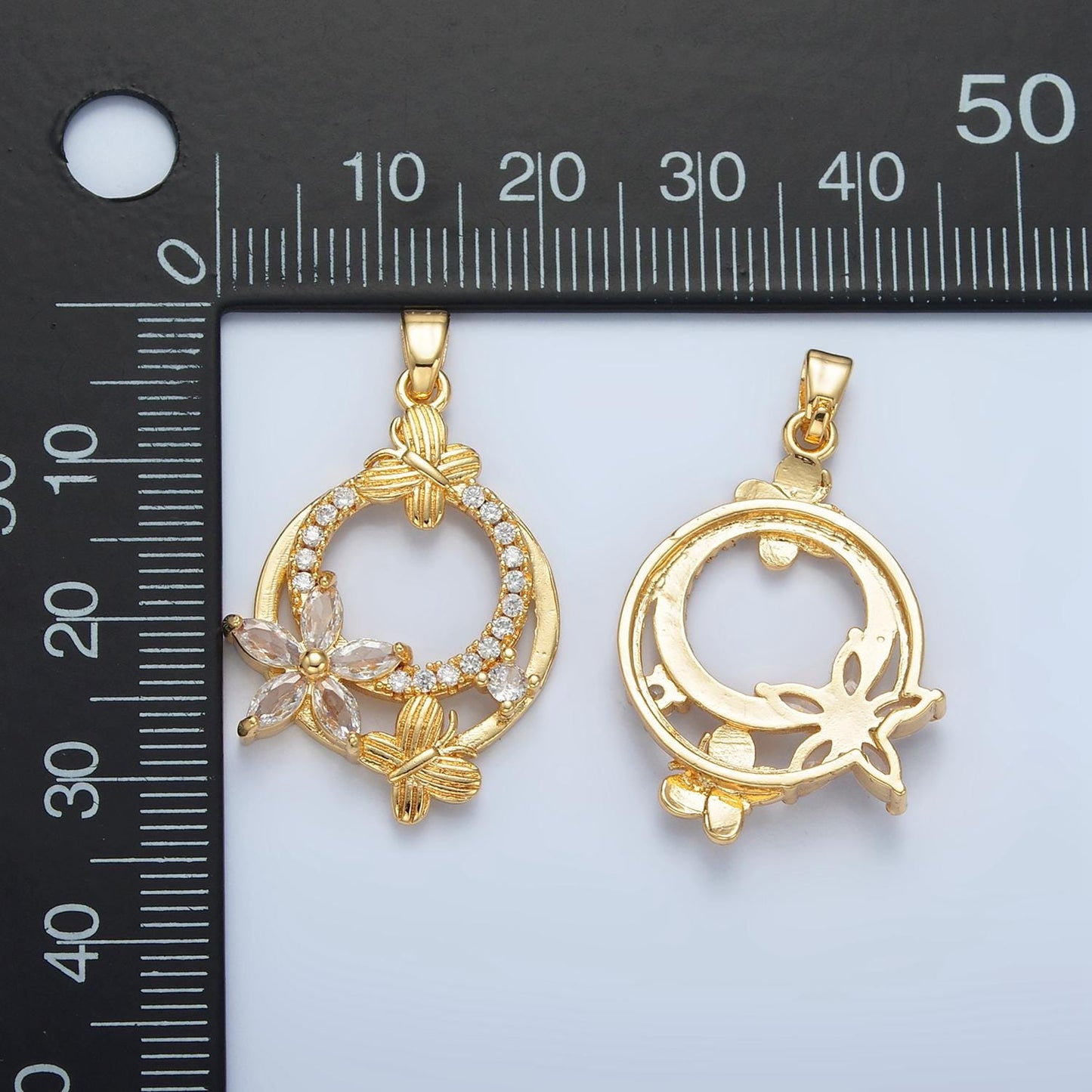 Open Wreath Butterfly & Flower CZ Paved, 24K Gold Filled Charm | AA-892