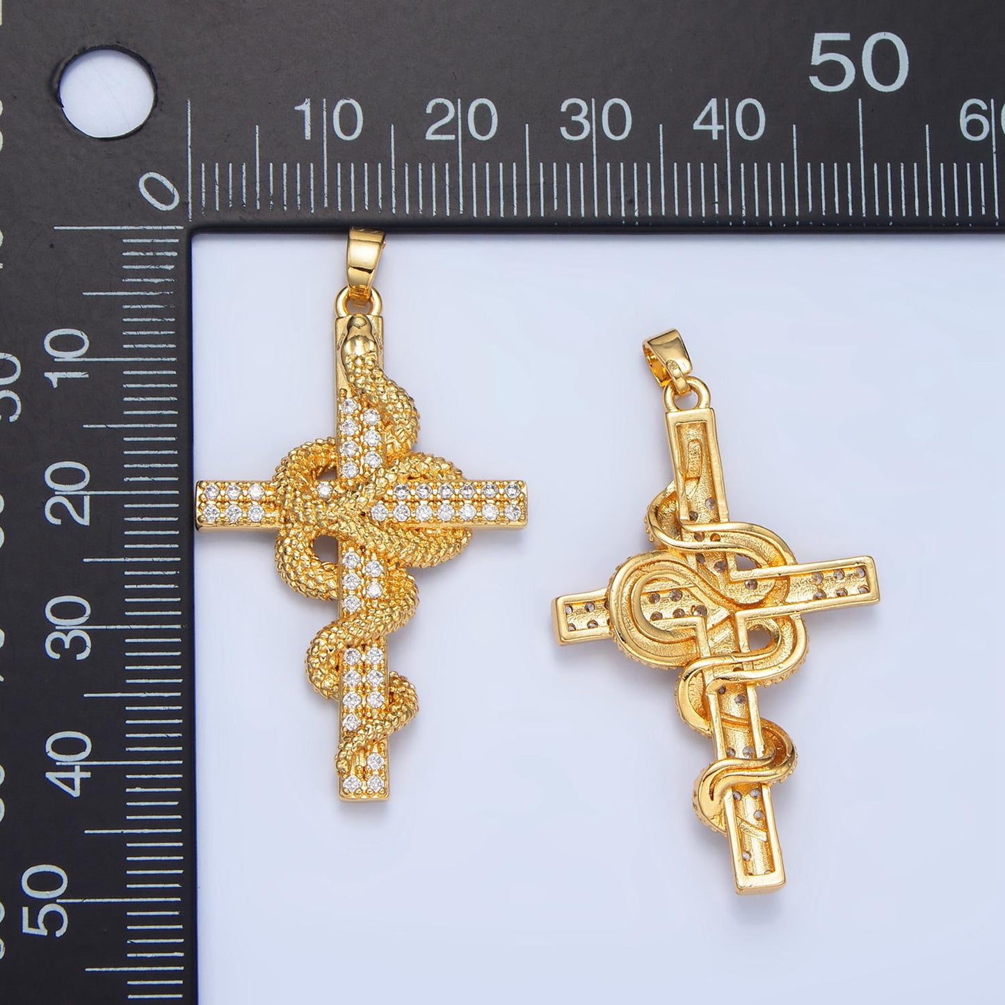 Textured Garter Snake Micro Paved CZ Cross 24K Gold Filled Pendant | AA-947