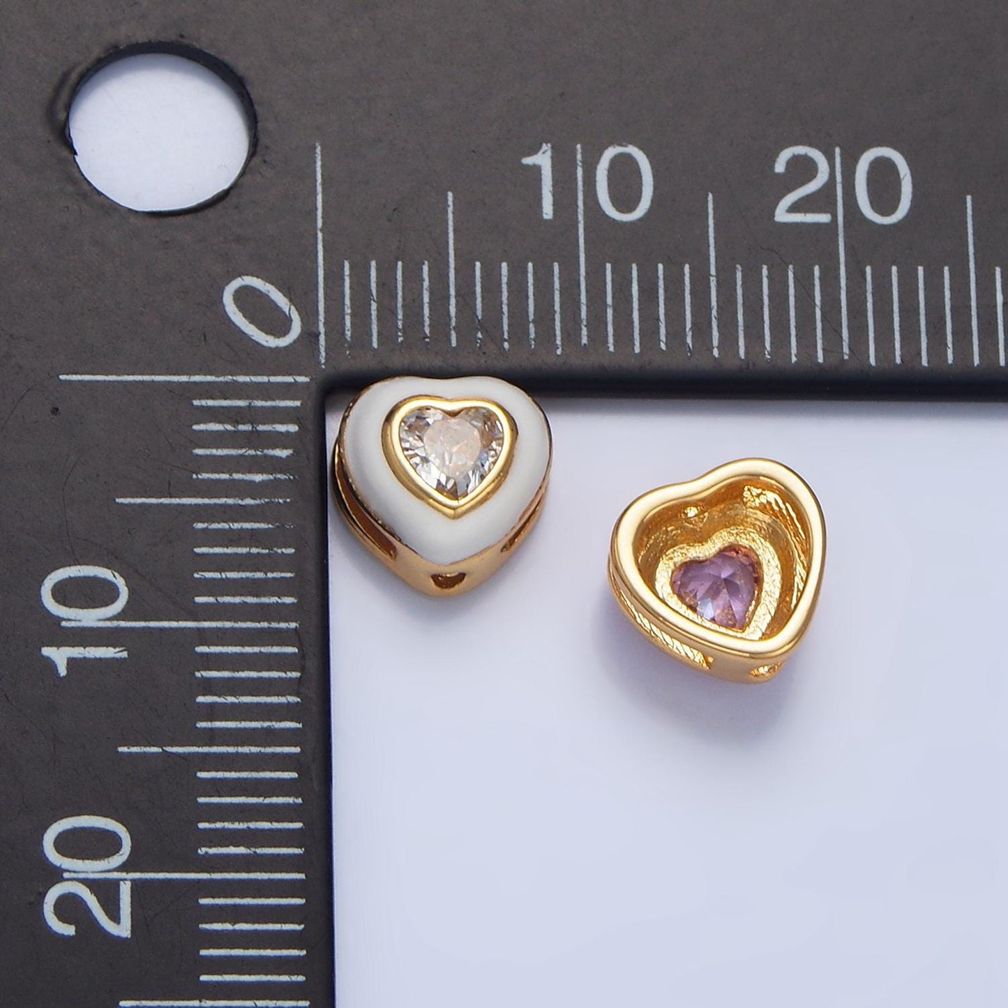 White & Pink Enamel CZ Heart 24K Gold Filled Heart Bead | B-574