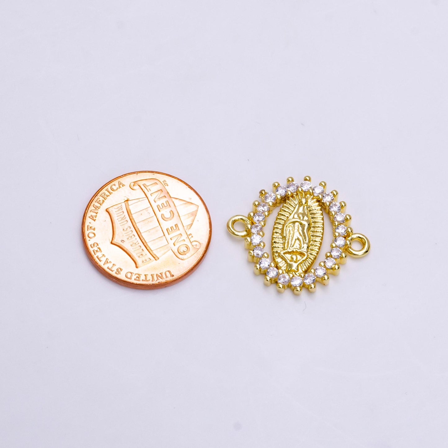 Gold Oval Virgin Mary Charm Connector, 24K Gold Filled Clear Micro Pave CZ Oval Lady of Guadalupe Religious Medallion Link Connector | G-155