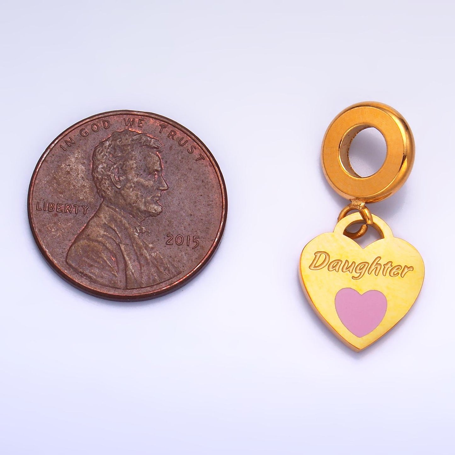Stainless Steel Gold Heart Daughter Charm Mother Day Theme Rondelle Bail Drop Pendant | P-751