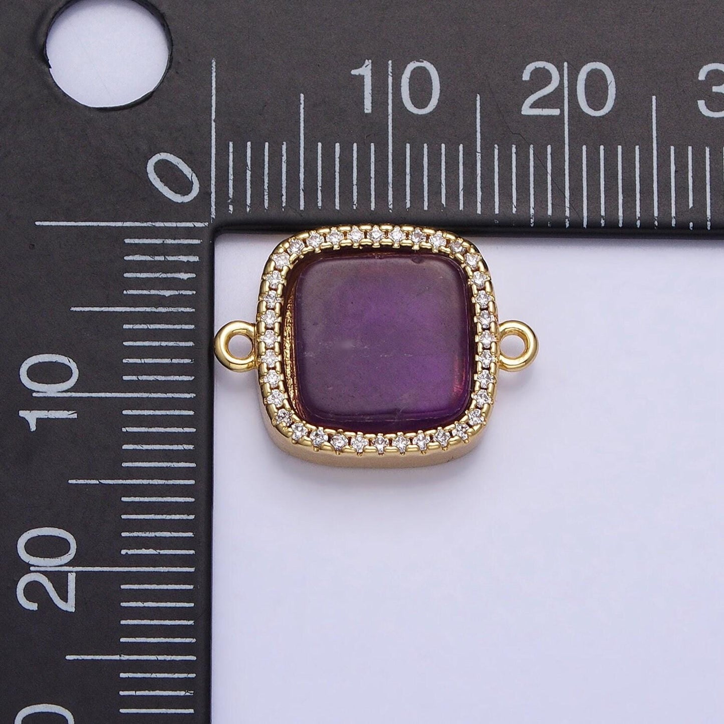 24k gold filled natural gemstone rose quartz, blue agate, amethyst micro paved cz flat square connector | y-801~y-802