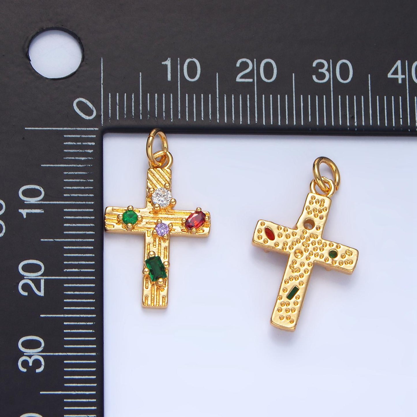 Cz multicolor religious cross line textured 24k gold filled charm | x-821
